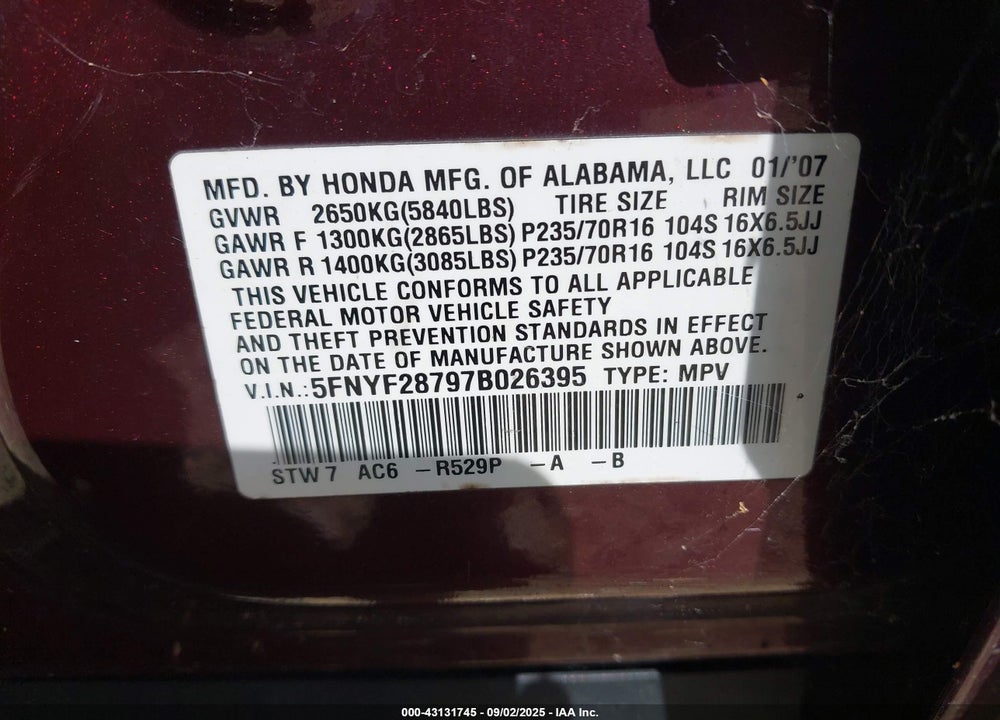 2007 HONDA PILOT VIN: 5FNYF28797B026395