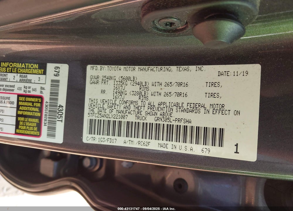 2020 TOYOTA TACOMA TRD OFF ROAD VIN: 5TFCZ5AN2LX221007