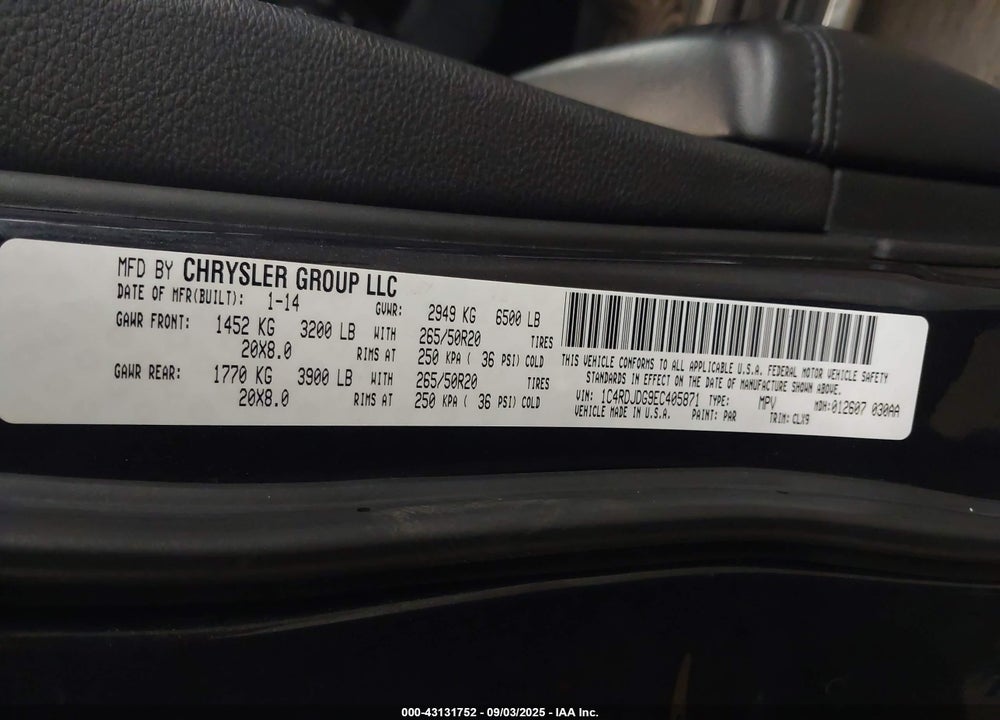 2014 DODGE DURANGO VIN: 1C4RDJDG9EC405871