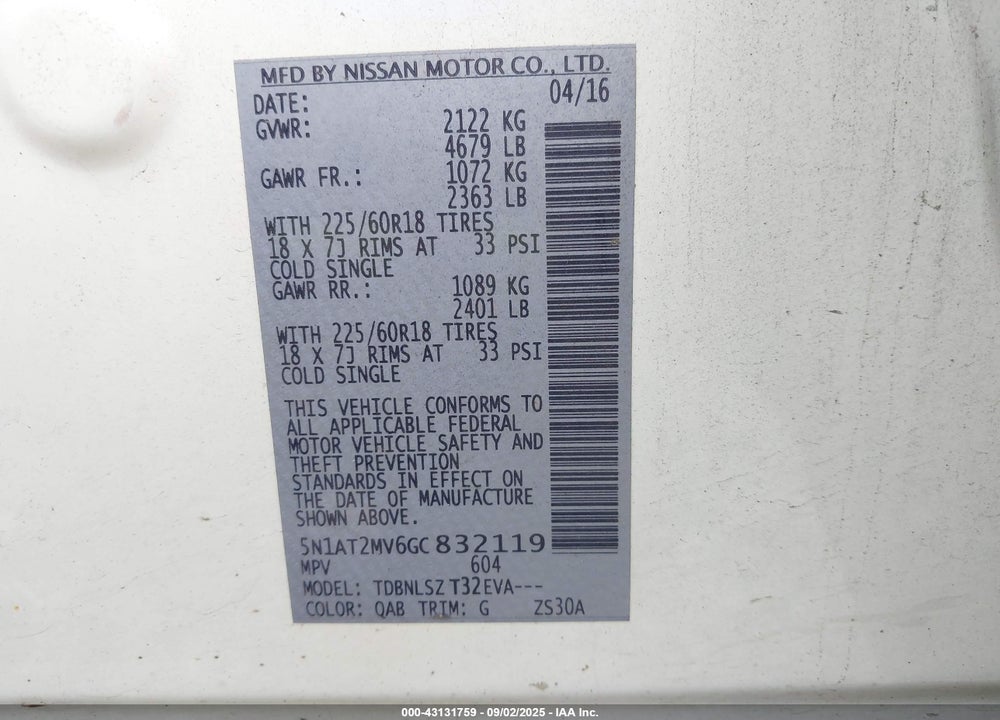 2016 NISSAN ROGUE VIN: 5N1AT2MV6GC832119
