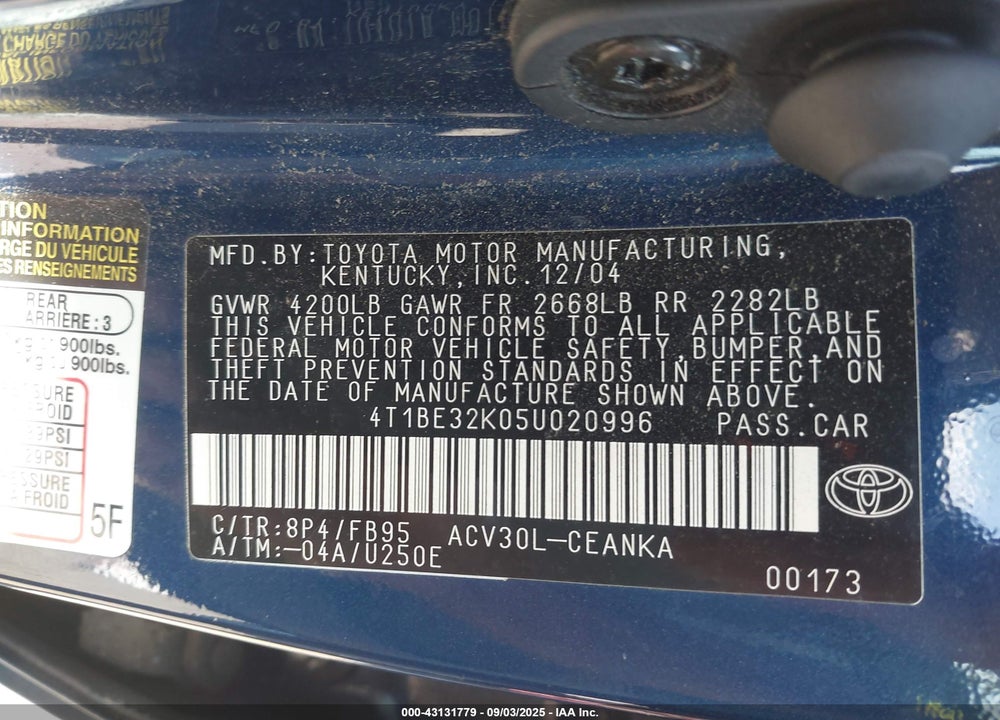 2005 TOYOTA CAMRY LE VIN: 4T1BE32K05U020996