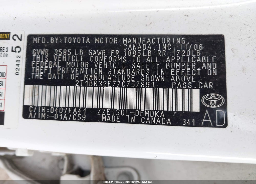 2007 TOYOTA COROLLA VIN: 2T1BR32E77C757891