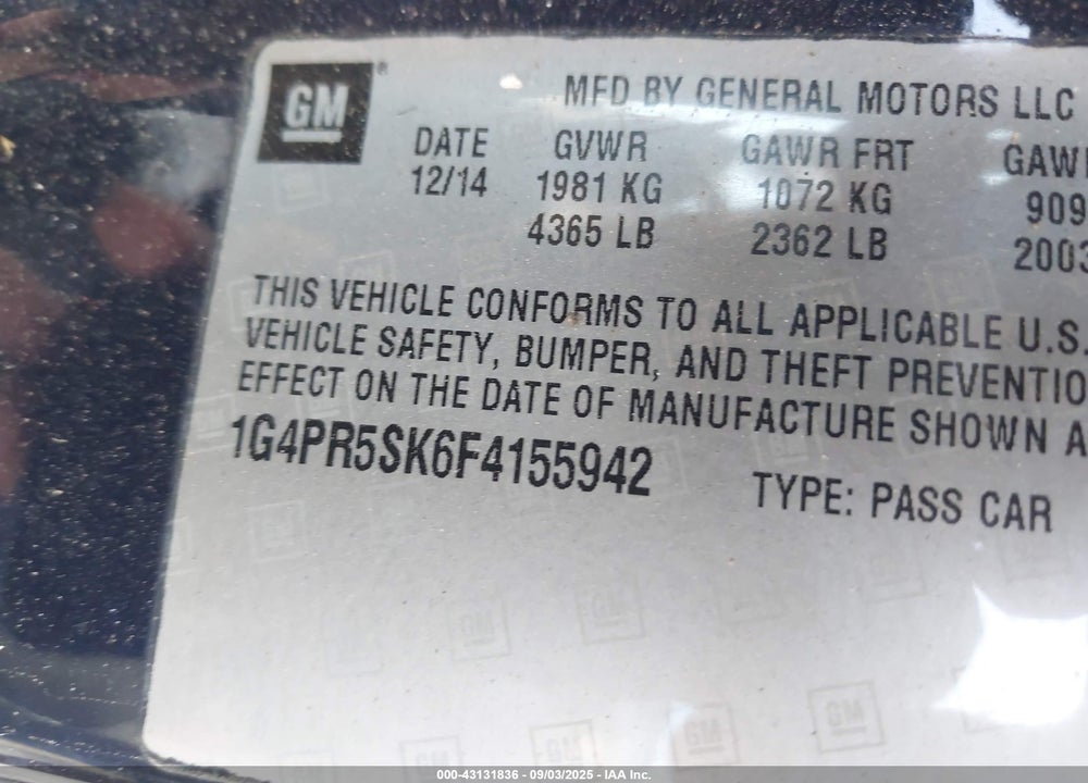2015 BUICK VERANO VIN: 1G4PR5SK6F4155942