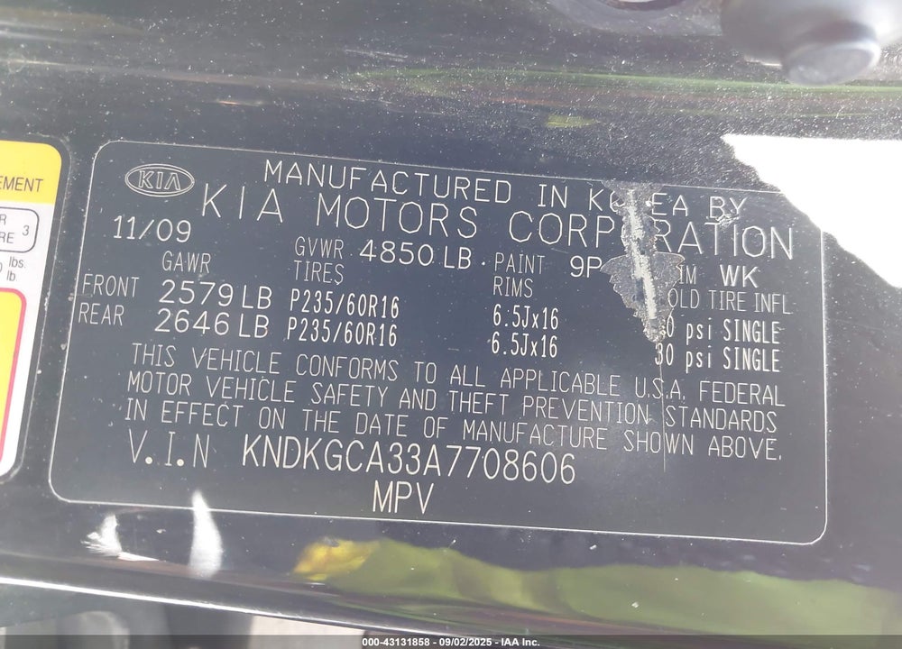 2010 KIA SPORTAGE VIN: KNDKGCA33A7708606