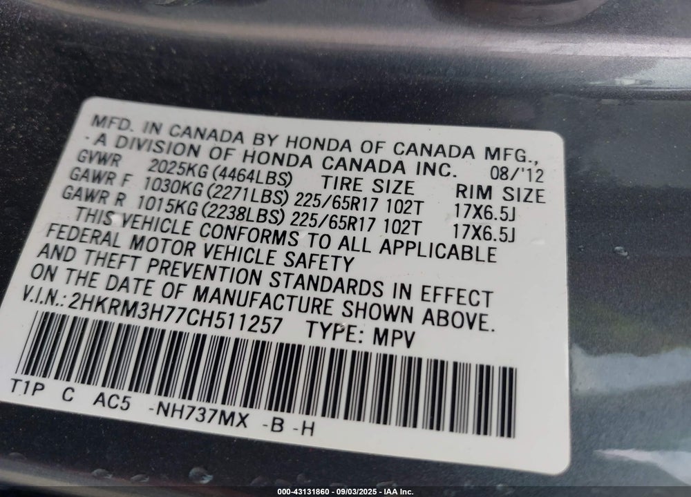 2012 HONDA CR-V EX-L VIN: 2HKRM3H77CH511257