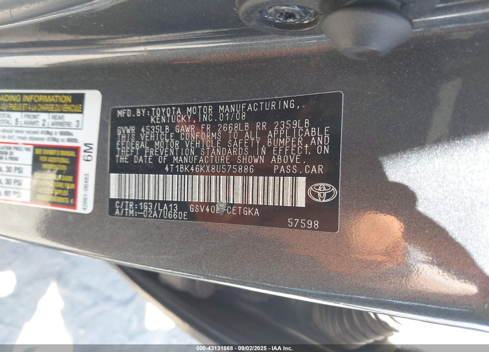2008 TOYOTA CAMRY VIN: 4T1BK46KX8U575886