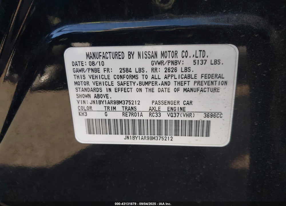2011 INFINITI M37 VIN: JN1BY1AR9BM375212