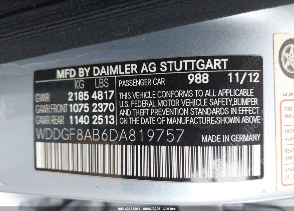 2013 MERCEDES-BENZ C CLASS VIN: WDDGF8AB6DA819757