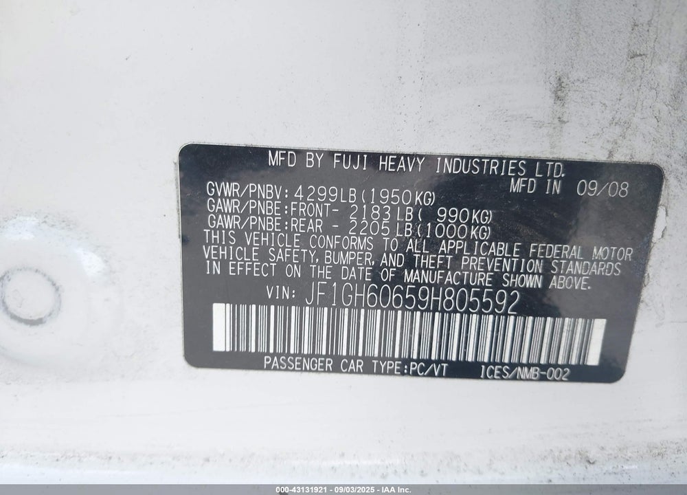 2009 SUBARU IMPREZA VIN: JF1GH60659H805592