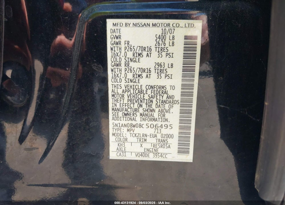 2008 NISSAN XTERRA S VIN: 5N1AN08W08C506495