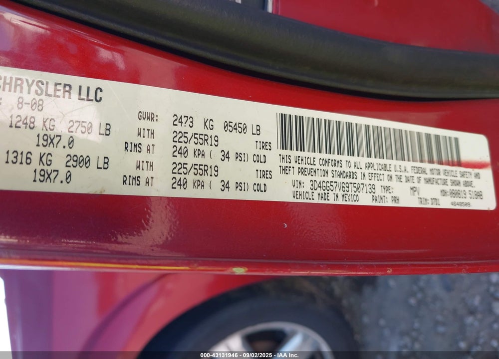 2009 DODGE JOURNEY SXT VIN: 3D4GG57V69T507139