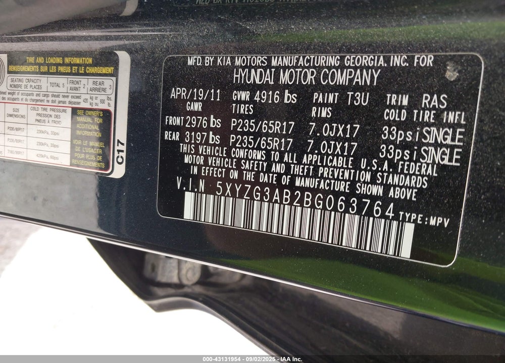 2011 HYUNDAI SANTA FE VIN: 5XYZG3AB2BG063764