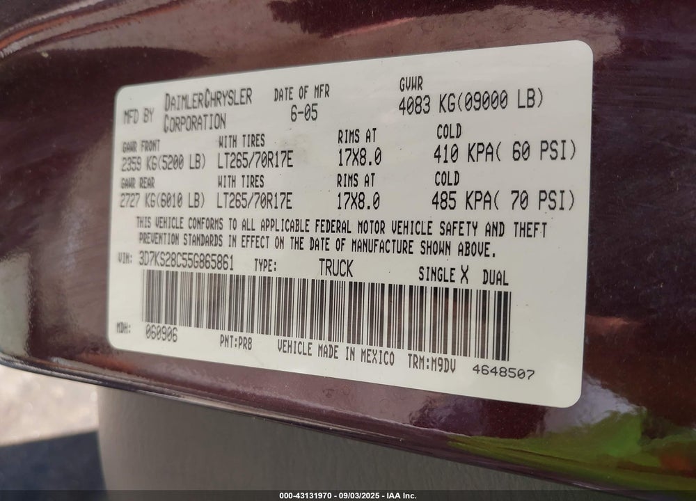 2005 DODGE RAM 2500 SLT/LARAMIE VIN: 3D7KS28C55G865861