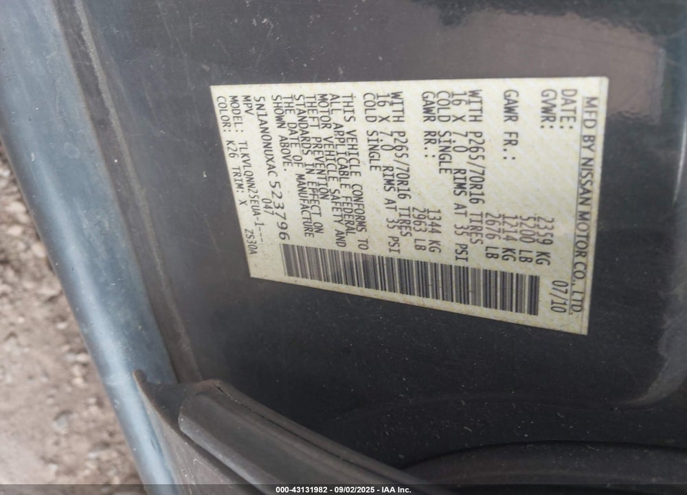2010 NISSAN XTERRA X VIN: 5N1AN0NUXAC523796