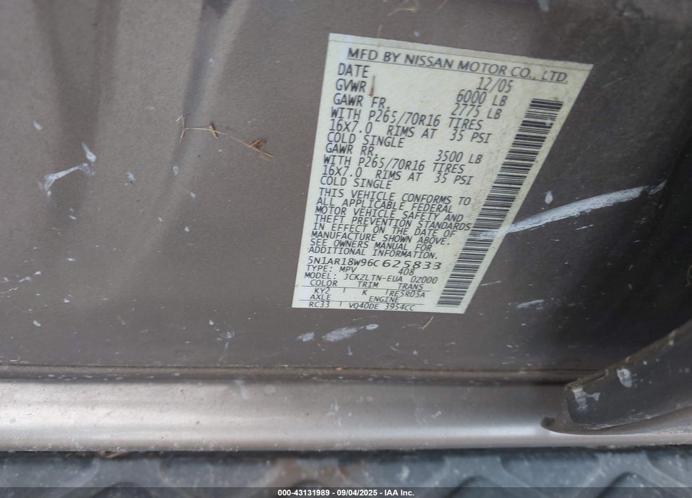 2006 NISSAN PATHFINDER VIN: 5N1AR18W96C625833