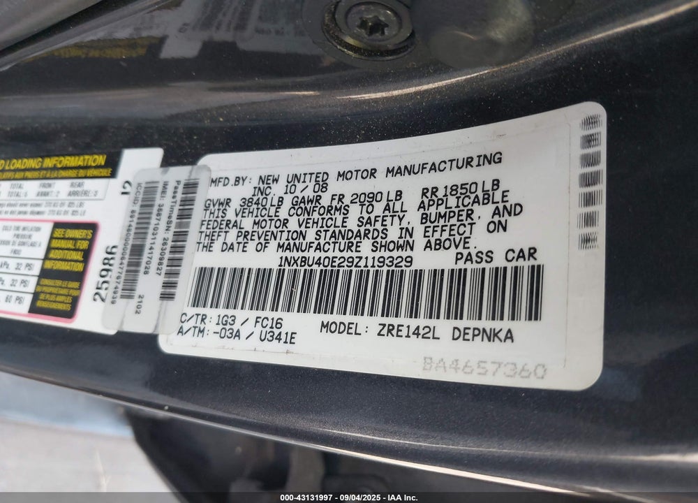 2009 TOYOTA COROLLA VIN: 1NXBU40E29Z119329