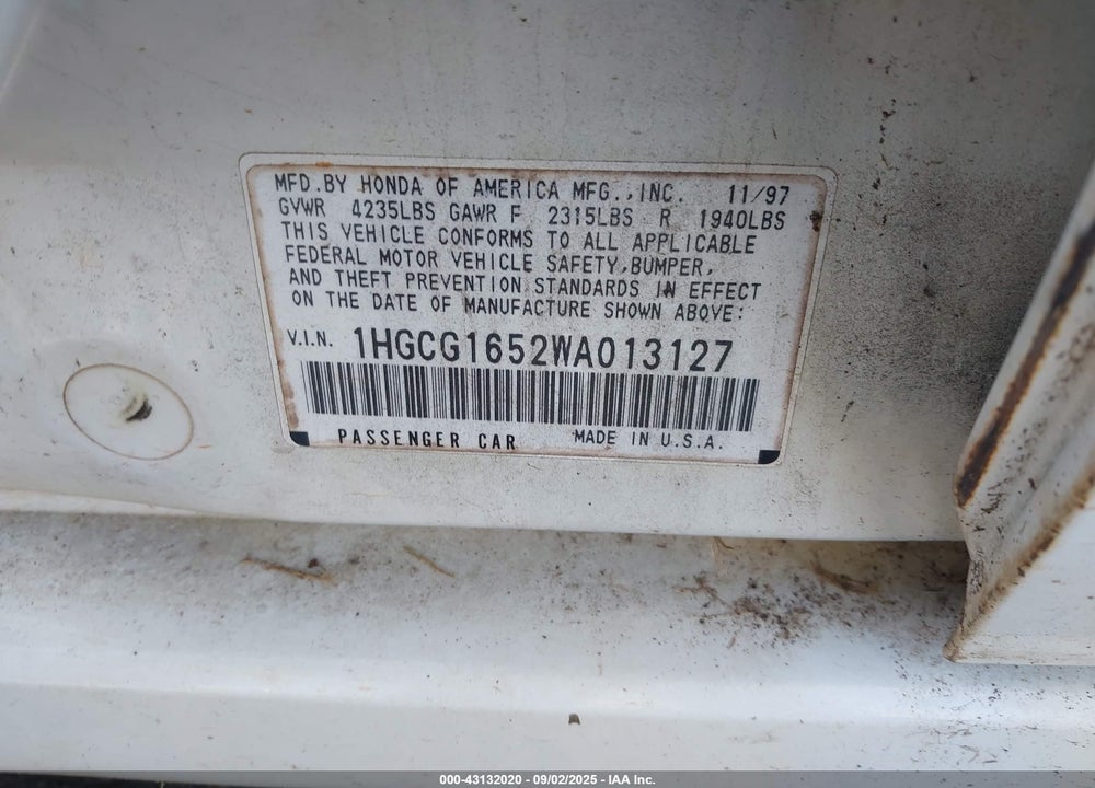 1998 HONDA ACCORD EX V6 VIN: 1HGCG1652WA013127