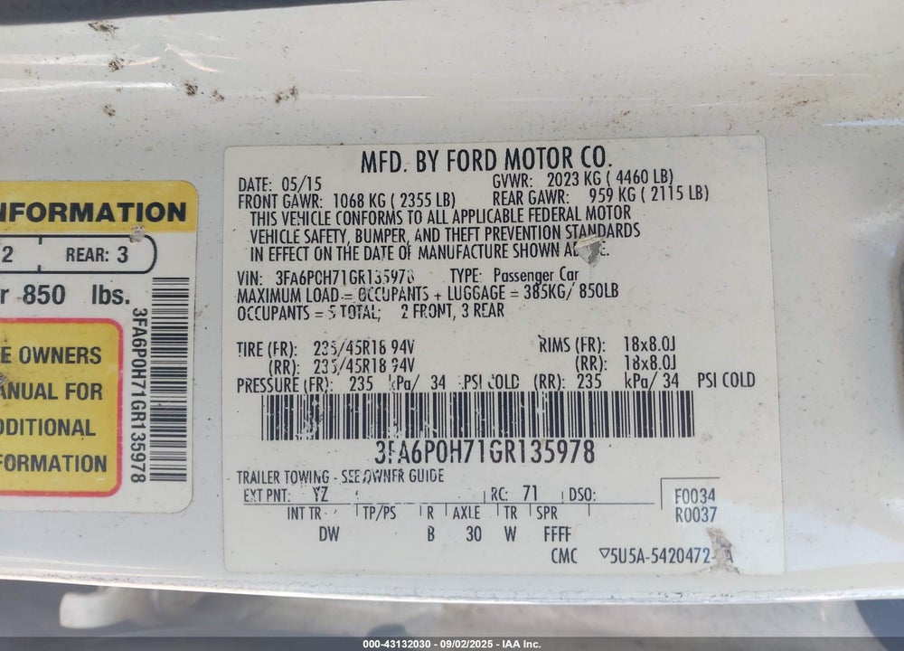 2016 FORD FUSION VIN: 3FA6P0H71GR135978