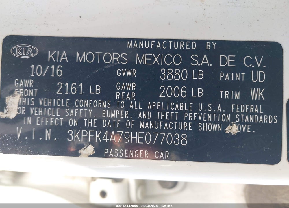 2017 KIA FORTE LX VIN: 3KPFK4A79HE077038