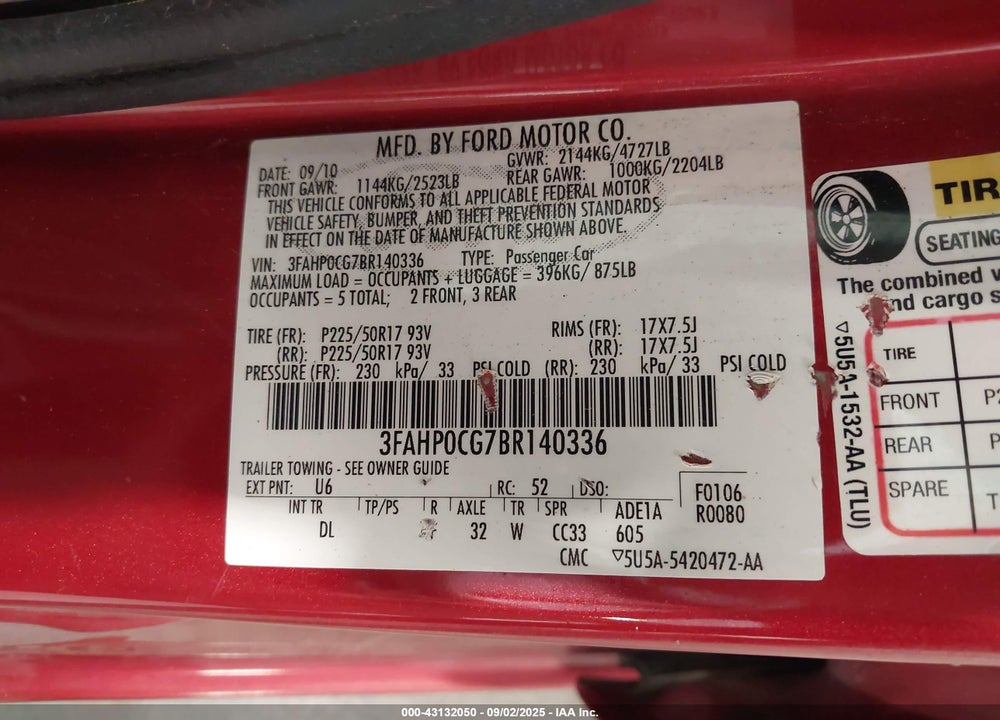 2011 FORD FUSION VIN: 3FAHP0CG7BR140336