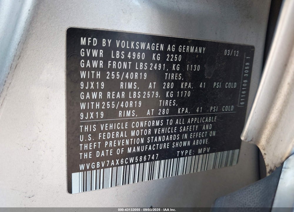 2012 VOLKSWAGEN TIGUAN VIN: WVGBV7AX6CW586747