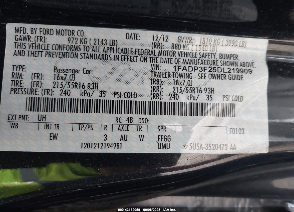 2013 FORD FOCUS VIN: 1FADP3F25DL219909
