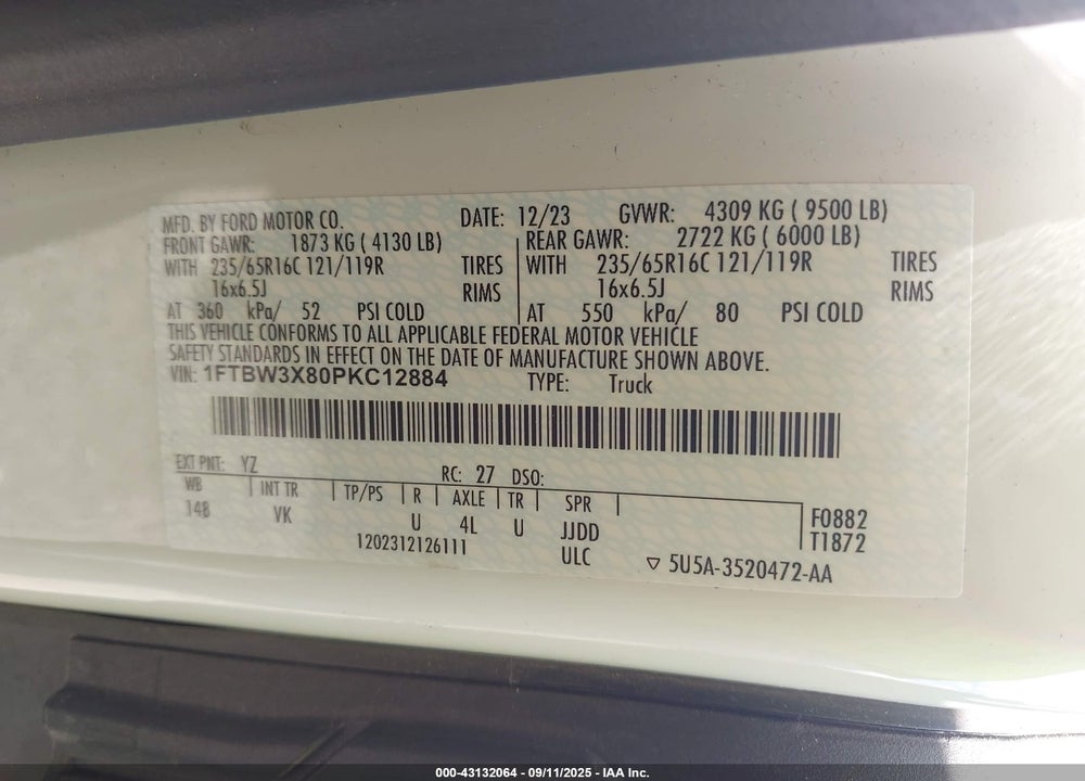 2023 FORD TRANSIT-350 CARGO VAN VIN: 1FTBW3X80PKC12884