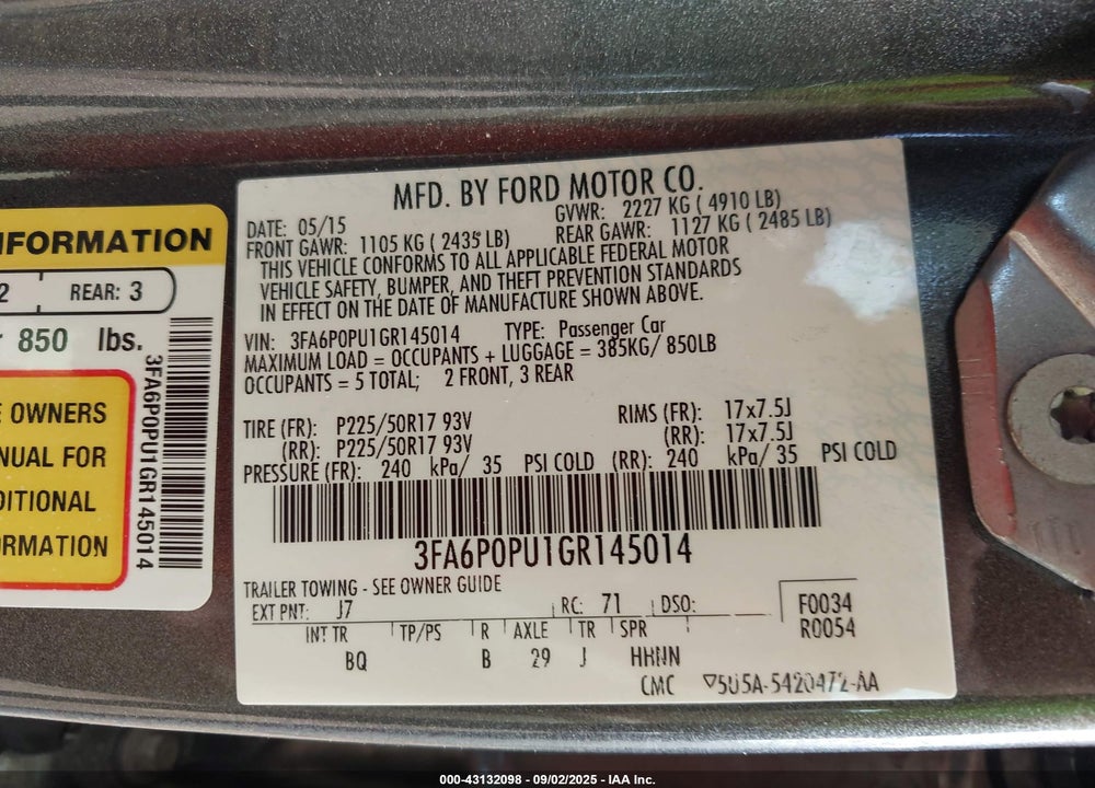 2016 FORD FUSION VIN: 3FA6P0PU1GR145014