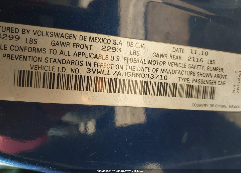 2011 VOLKSWAGEN JETTA VIN: 3VWLL7AJ5BM033710