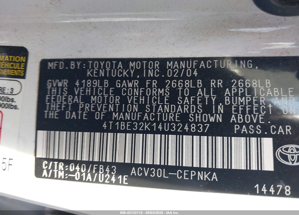 2004 TOYOTA CAMRY LE VIN: 4T1BE32K14U324837