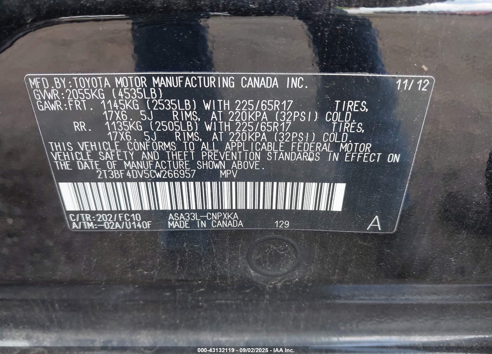 2012 TOYOTA RAV4 VIN: 2T3BF4DV5CW266957