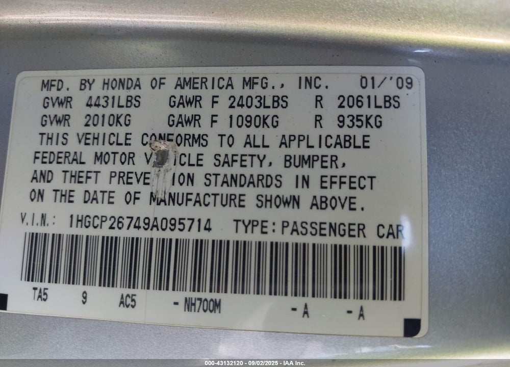 2009 HONDA ACCORD 2.4 EX VIN: 1HGCP26749A095714