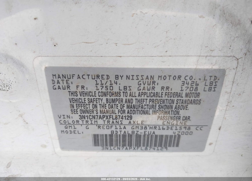 2015 NISSAN VERSA VIN: 3N1CN7APXFL874129