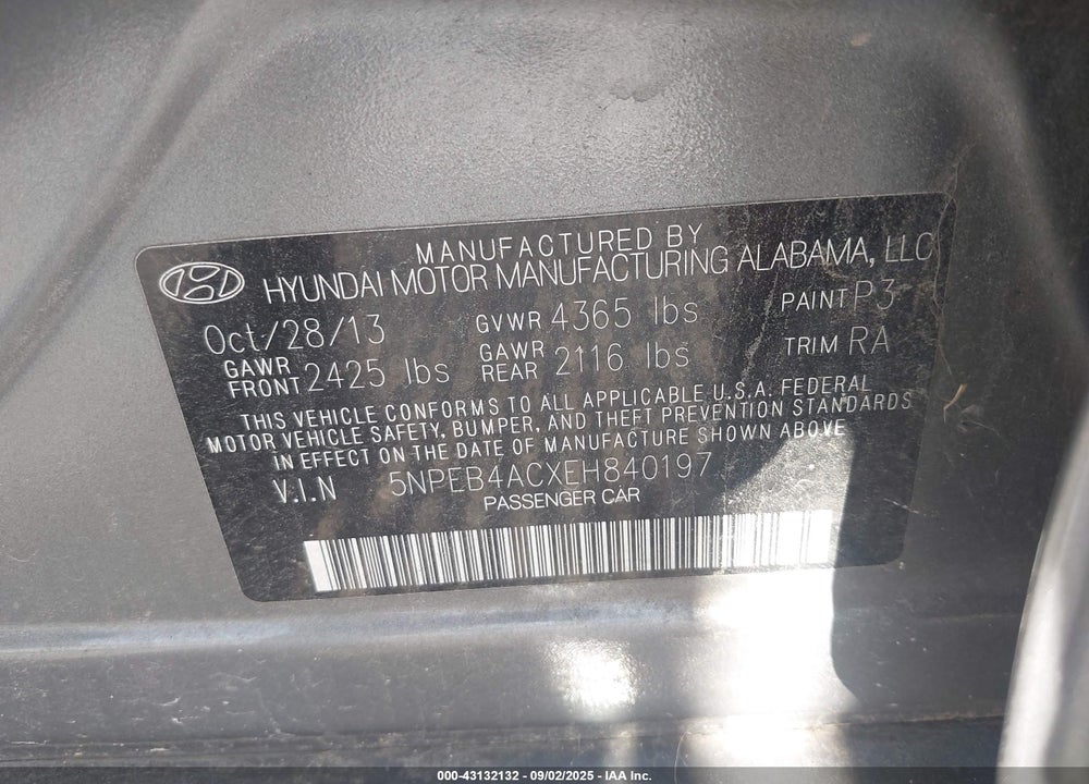 2014 HYUNDAI SONATA VIN: 5NPEB4ACXEH840197