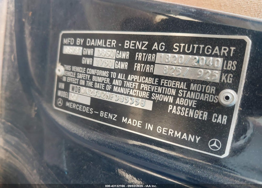 1987 MERCEDES-BENZ 190 E 2.3 VIN: WDBDA28D2HF385358
