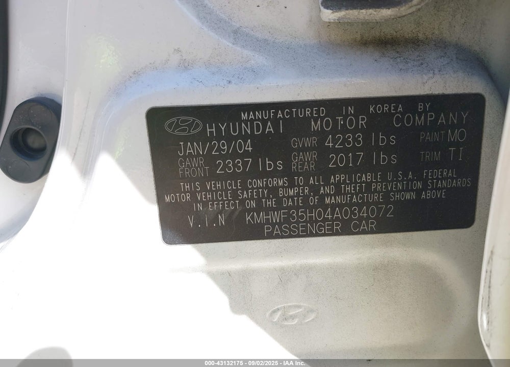 2004 HYUNDAI SONATA GLS/LX VIN: KMHWF35H04A034072