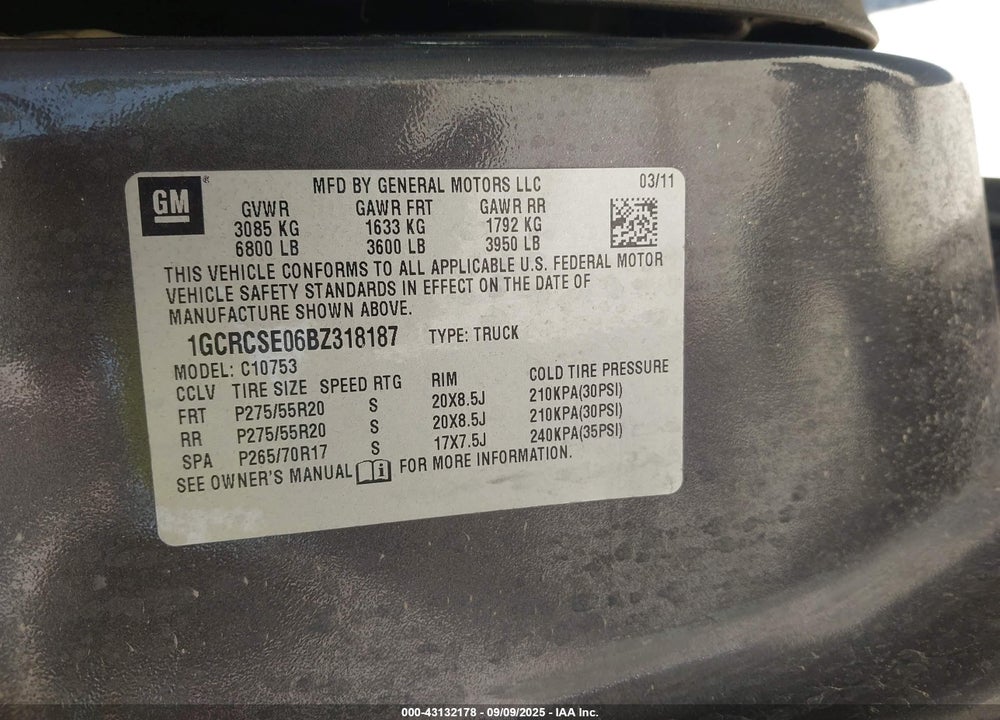 2011 CHEVROLET SILVERADO 1500 VIN: 1GCRCSE06BZ318187