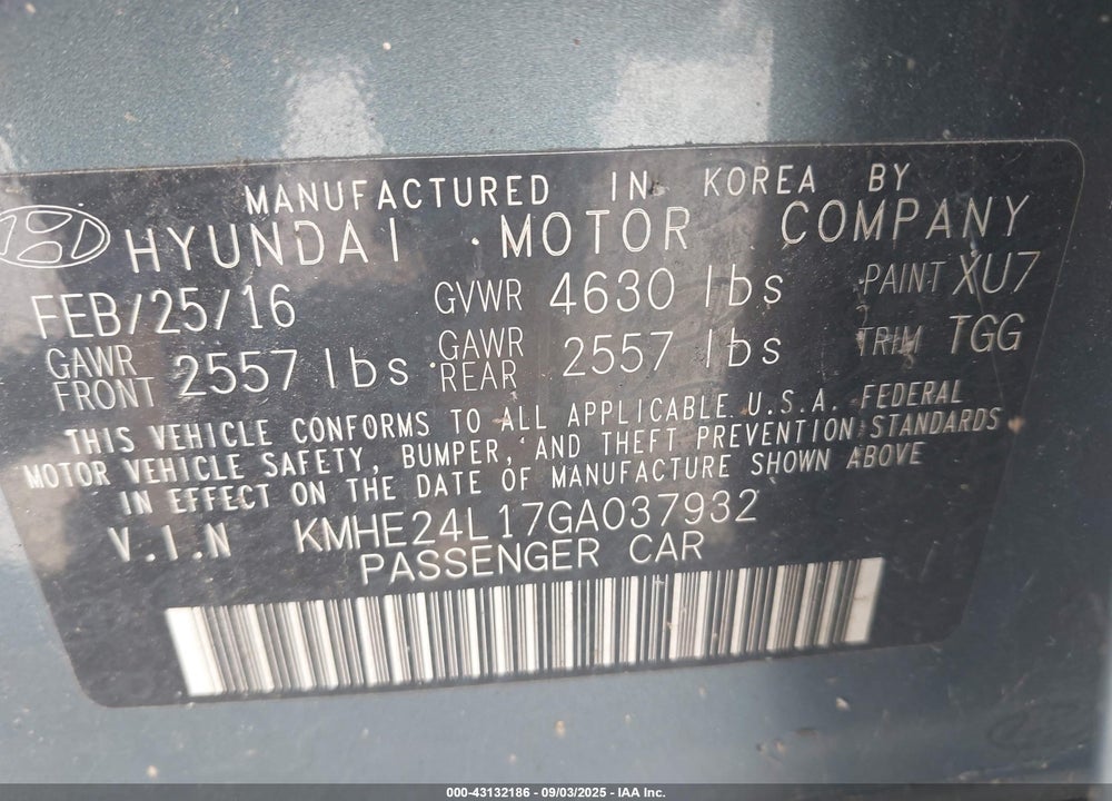 2016 HYUNDAI SONATA HYBRID VIN: KMHE24L17GA037932