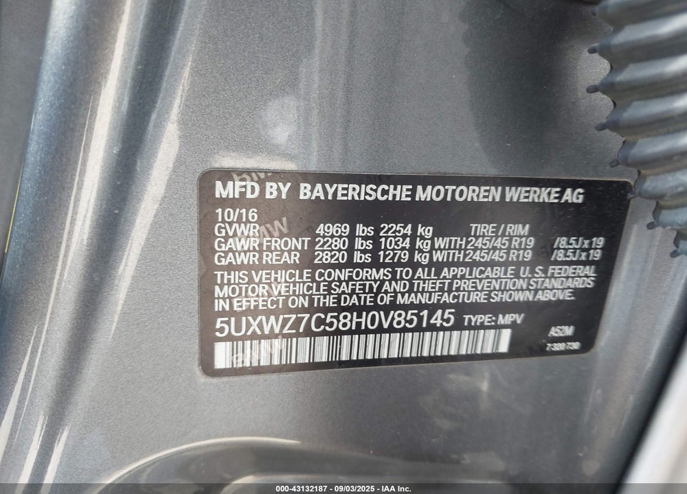2017 BMW X3 VIN: 5UXWZ7C58H0V85145