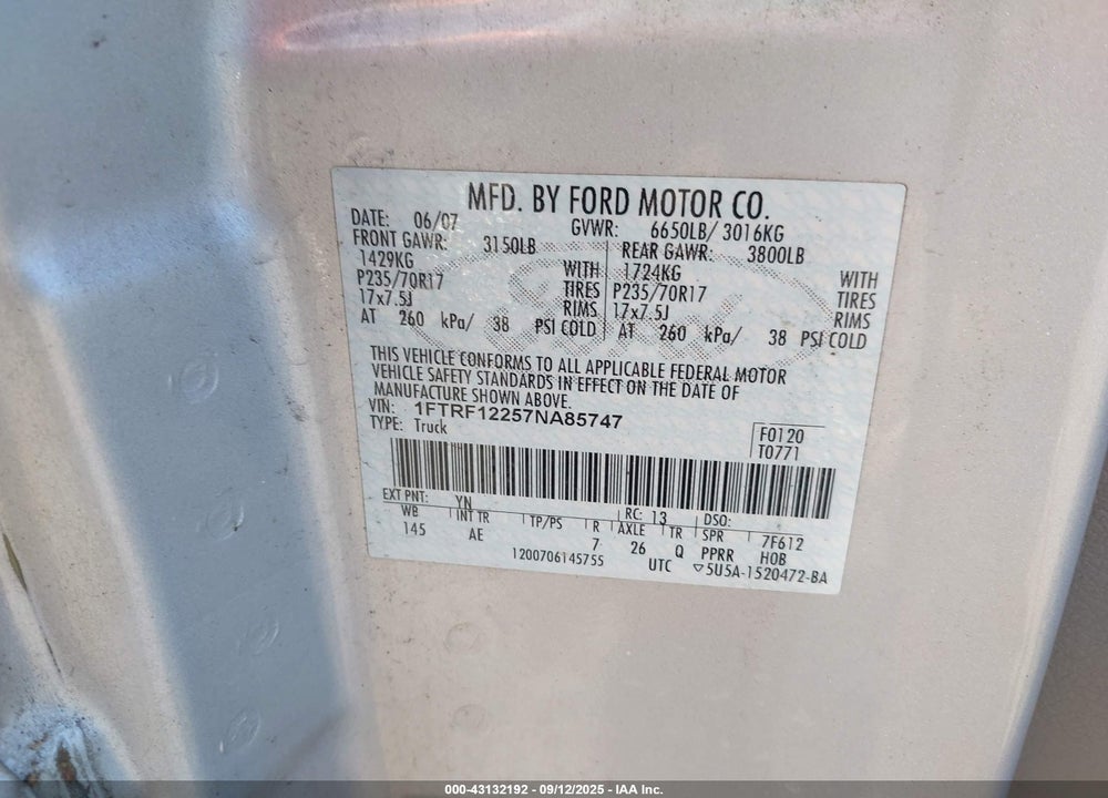 2007 FORD F-150 VIN: 1FTRF12257NA85747