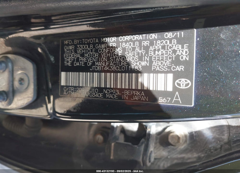 2012 TOYOTA YARIS VIN: JTDBT4K38CL011183