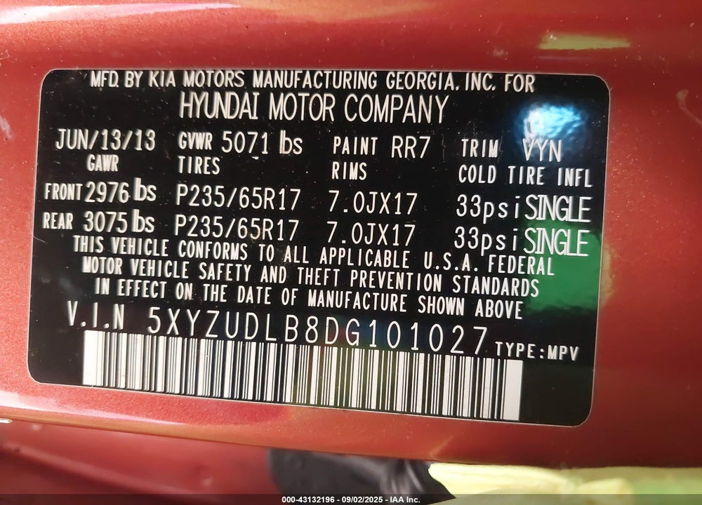 2013 HYUNDAI SANTA FE VIN: 5XYZUDLB8DG101027