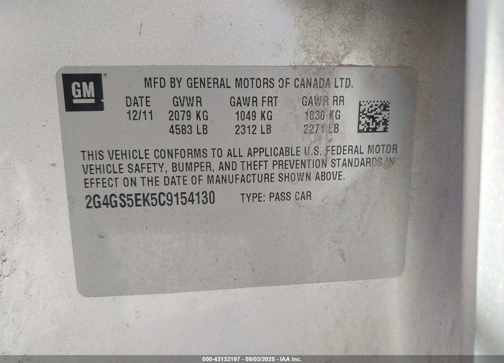 2012 BUICK REGAL VIN: 2G4GS5EK5C9154130