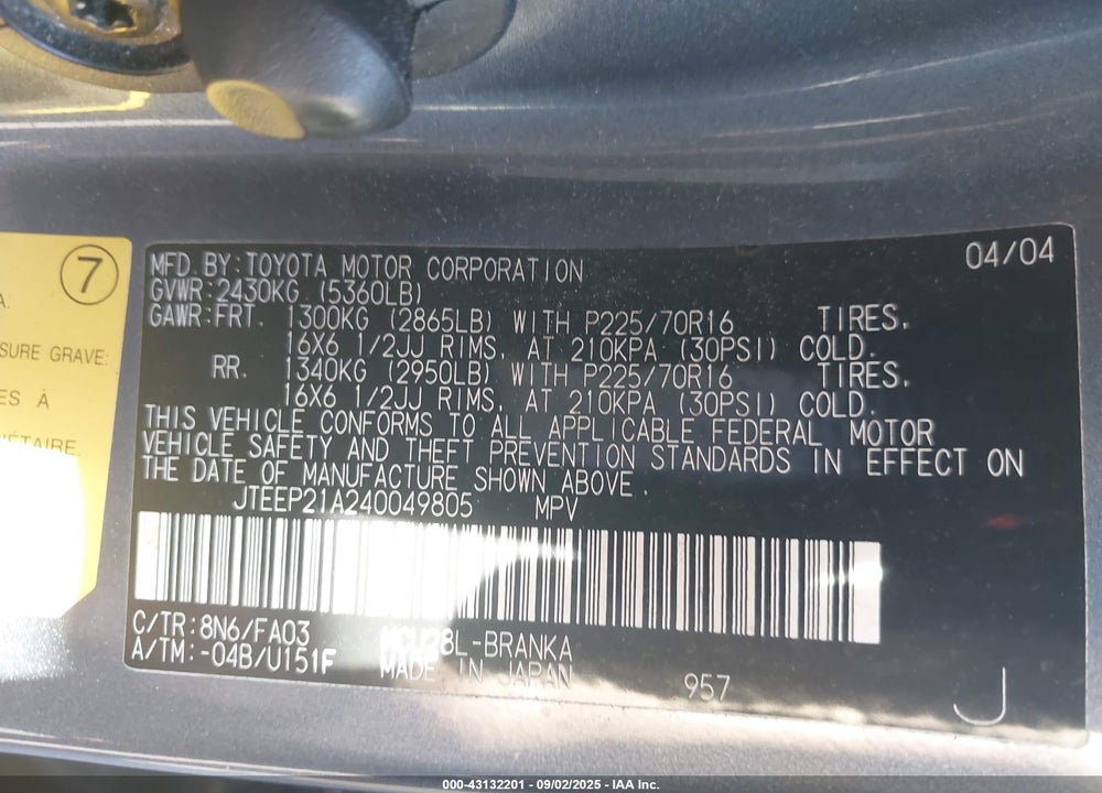2004 TOYOTA HIGHLANDER V6 VIN: JTEEP21A240049805