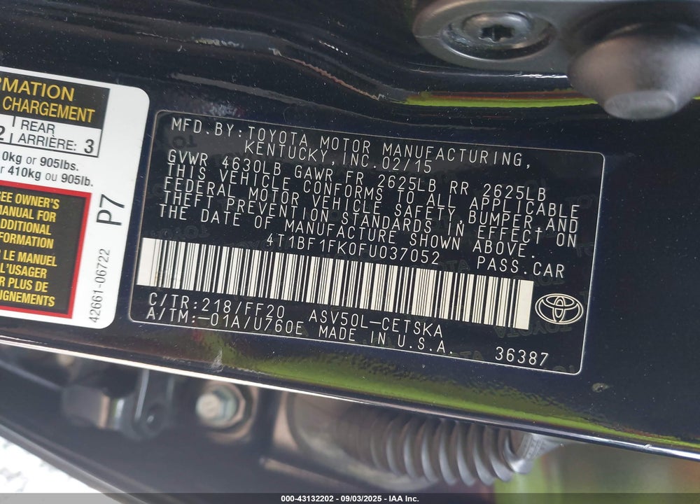 2015 TOYOTA CAMRY VIN: 4T1BF1FK0FU037052