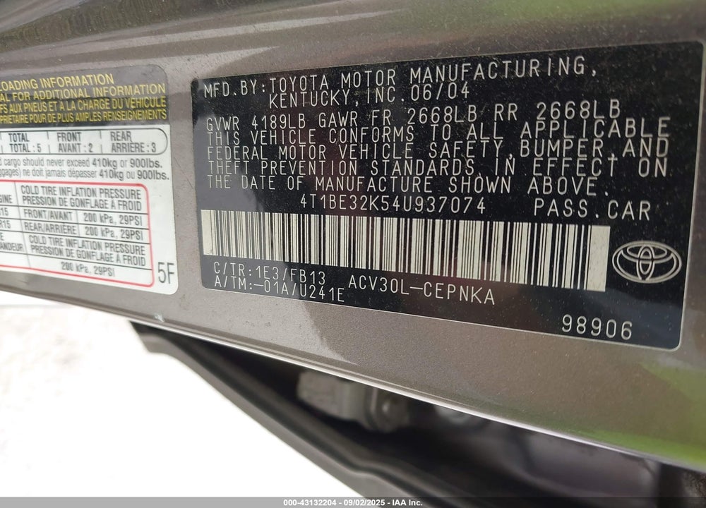 2004 TOYOTA CAMRY LE VIN: 4T1BE32K54U937074