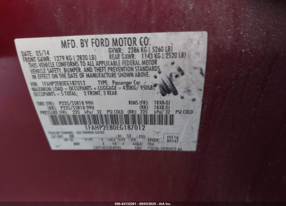 2014 FORD TAURUS VIN: 1FAHP2E80EG187012