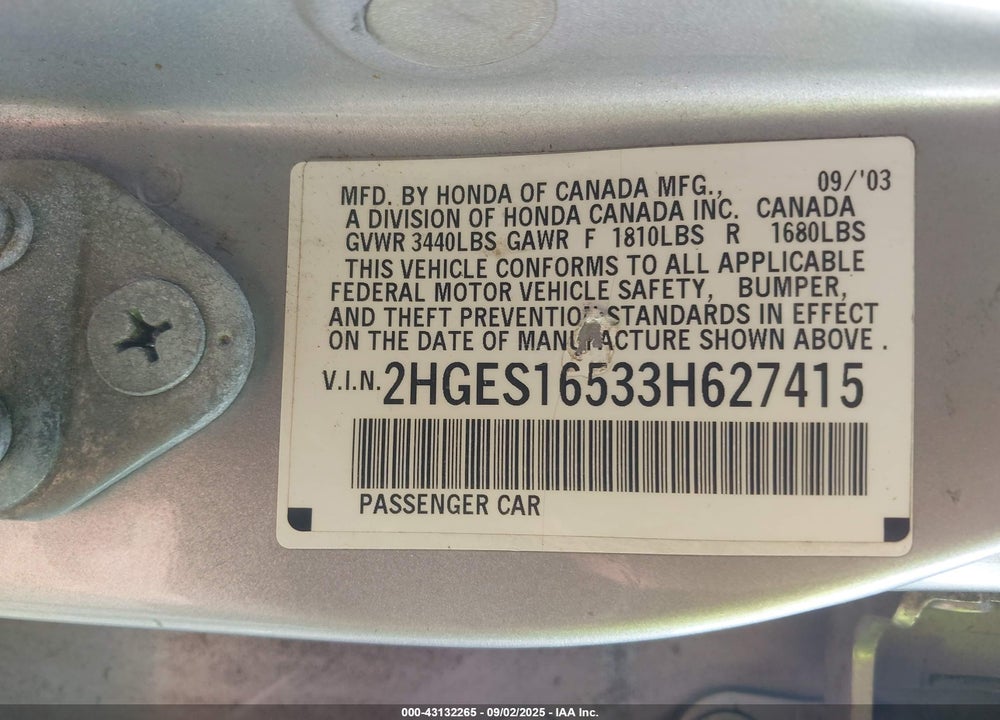 2003 HONDA CIVIC LX VIN: 2HGES16533H627415