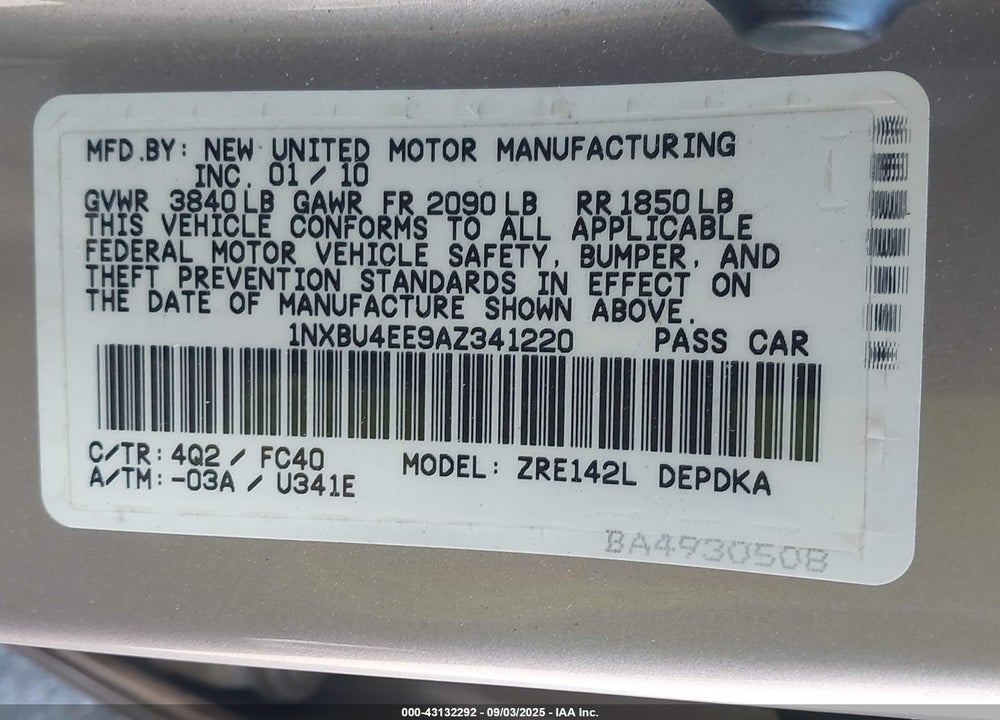 2010 TOYOTA COROLLA LE VIN: 1NXBU4EE9AZ341220