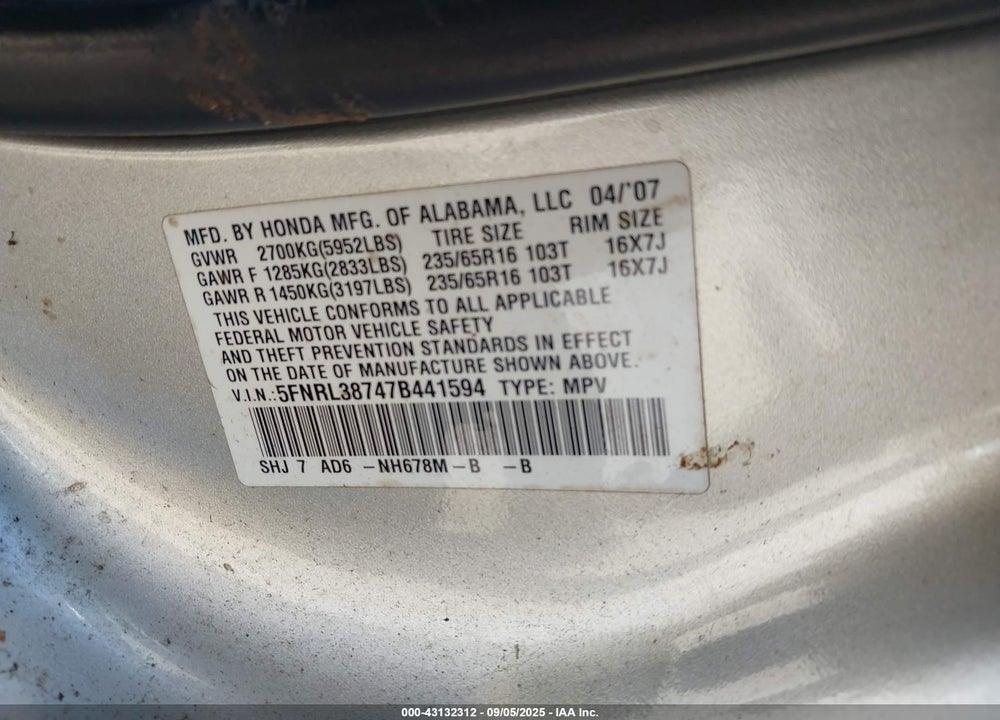2007 HONDA ODYSSEY EX-L VIN: 5FNRL38747B441594